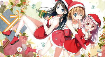 обоя аниме, kantoku , artbook, рождество, новый, год, девушки, снегурочки, девушка, арт, kantoku