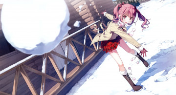 обоя аниме, kantoku , artbook, улица, снежок, снег, зима, арт, kantoku, бросок, девушка