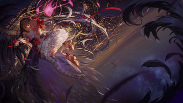 Картинка аниме mahou+shoujo+madoka+magika перья падение крылья небо огни город девушки арт akuma homura goddess madoka kaname akemi