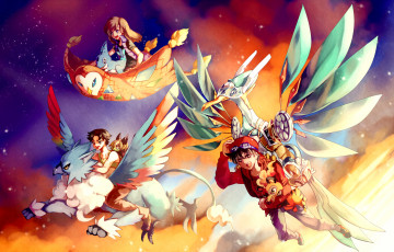 Картинка аниме pokemon люди небо покемоны арт полёт парни облака