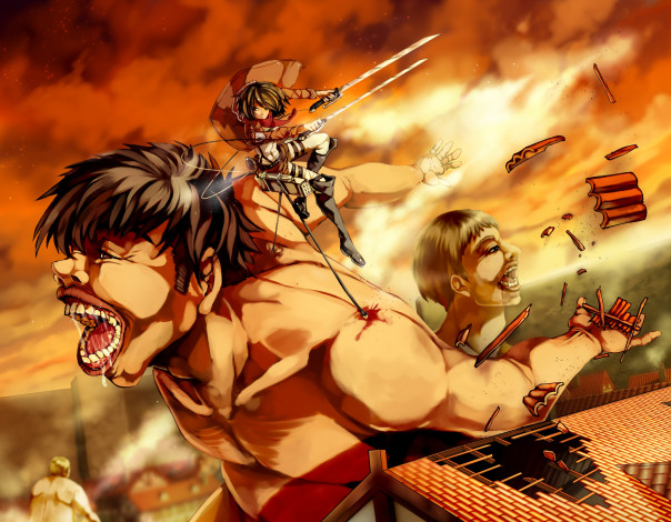 Обои картинки фото аниме, shingeki no kyojin, титаны, кровь, микаса, аккерман, атака, титанов, арт, лезвия, тросы