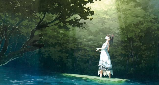 Обои картинки фото аниме, kantoku , artbook, зелень, деревья, лес, девушка, арт, kantoku