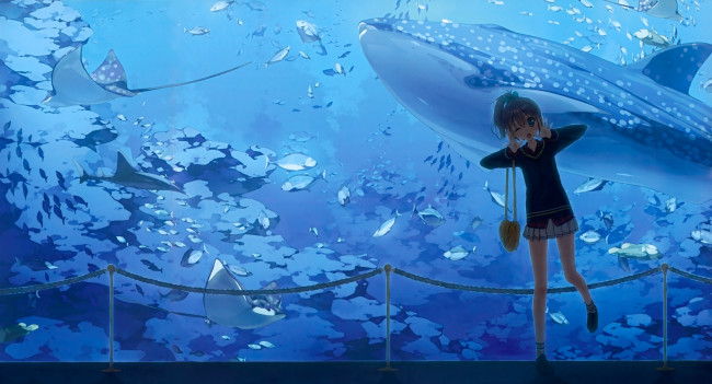 Обои картинки фото аниме, kantoku , artbook, кит, вода, аквариум, рыбы, девушка, арт, kantoku