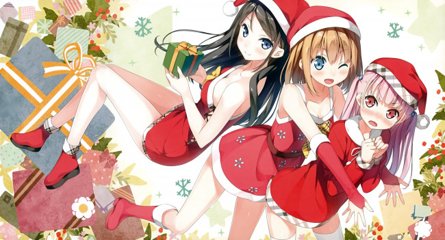 Обои картинки фото аниме, kantoku , artbook, рождество, новый, год, девушки, снегурочки, девушка, арт, kantoku