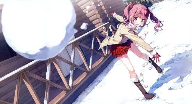Обои картинки фото аниме, kantoku , artbook, улица, снежок, снег, зима, арт, kantoku, бросок, девушка