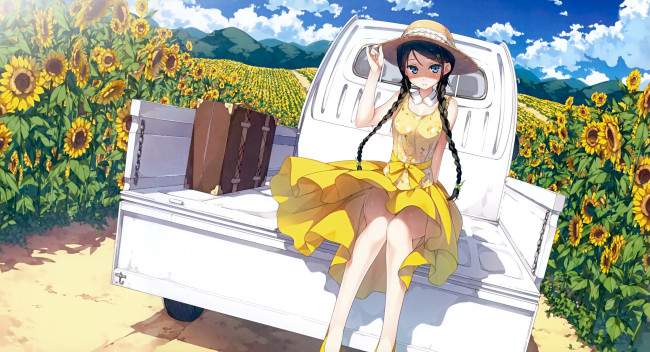 Обои картинки фото аниме, kantoku , artbook, девушка, арт, kantoku, подсолнухи, машина, поле, небо, горы, лето, чемодан, шляпа