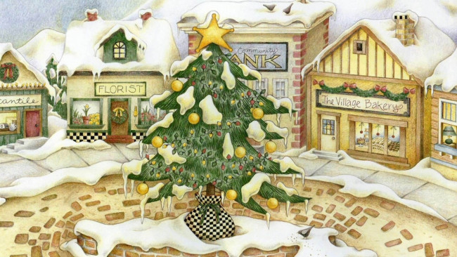 Обои картинки фото праздничные, рисованные, птицы, снег, украшения, площадь, здания, дома, город, ёлка