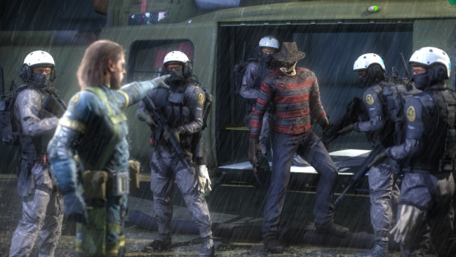 Обои картинки фото видео игры, ~~~другое~~~, дождь, вертолет, оружие, солдаты
