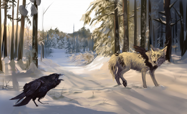 Обои картинки фото рисованное, животные,  волки, лес, дорога, волк, снег, ворона, зима