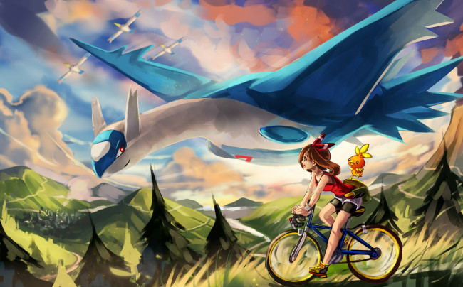 Обои картинки фото аниме, pokemon, арт, покемоны, велосипед, девушка