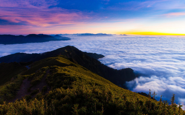 Обои картинки фото природа, горы, облака, рассвет, утро, лес, туман