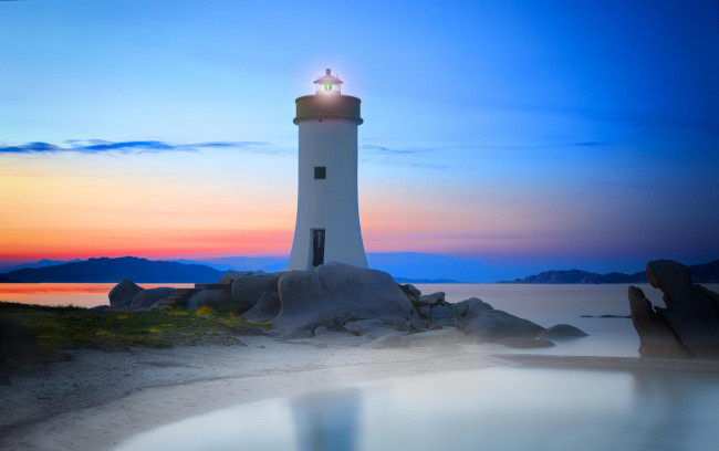 Обои картинки фото природа, маяки, море, water, sunset, sky, sardinia, sea, italy, rocks, marcocarmassi, lighthouse, ligh, landscape, clouds, закат