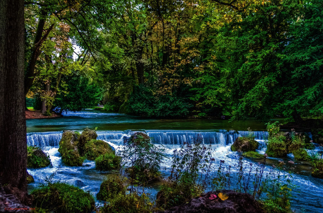 Обои картинки фото английский сад в мюнхене, природа, реки, озера, кусты, деревья, парк, водопад, мюнхен, сад