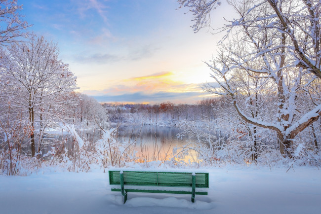 Обои картинки фото природа, зима, снег, скамейка, озеро, парк, вечер