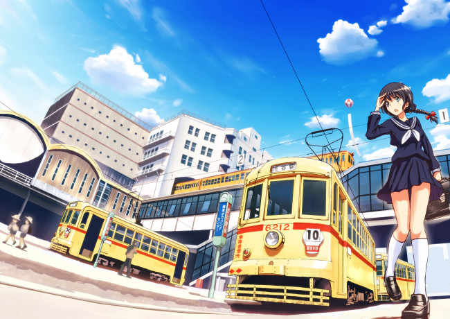 Обои картинки фото аниме, город,  улицы,  здания, девушка, арт, улица, облака, небо, трамвай, здания, tsukuyomi, touka