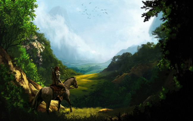 Обои картинки фото рисованное, люди, природа, лошадь, птицы, небо, меч, всадник, деревья