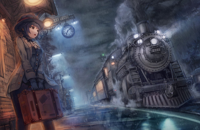 Обои картинки фото аниме, оружие,  техника,  технологии, девушка, паровоз, поезд