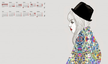 обоя календари, рисованные,  векторная графика, девушка, 2018, шляпа, профиль