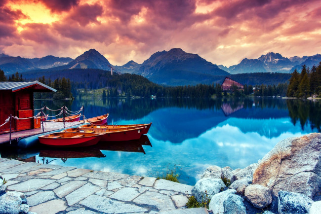 Обои картинки фото корабли, лодки,  шлюпки, озеро, горы