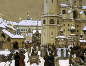 обоя рисованное, аполлинарий васнецов, город, люди, старина, снег, зима, сани