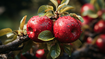 обоя 3д графика, другое , other, листья, капли, яблоки, влага, ветка, урожай, плоды, красные
