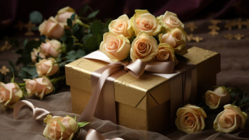 обоя праздничные, подарки и коробочки, цветы, праздник, подарок, розы, свеча, букет, свечи, бант