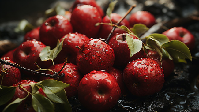 Обои картинки фото 3д графика, другое , other, листья, капли, ветки, яблоки, влага, урожай, плоды, красные
