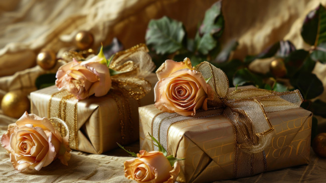 Обои картинки фото праздничные, подарки и коробочки, цветы, праздник, подарок, розы, свеча, букет, свечи, бант