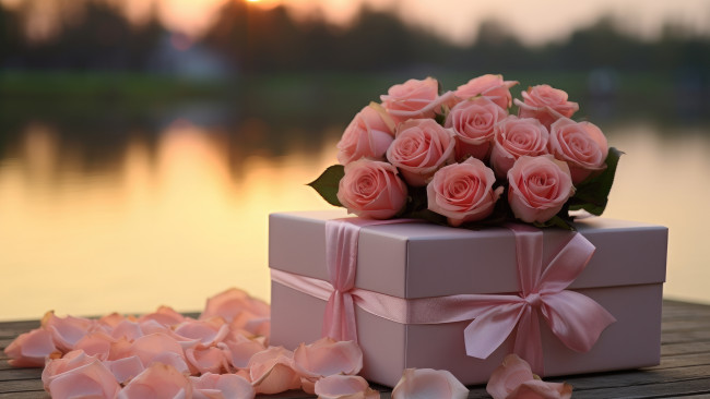 Обои картинки фото праздничные, подарки и коробочки, цветы, праздник, подарок, доски, розы, букет, лепестки, розовые