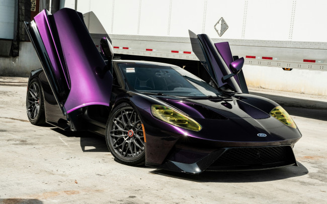 Обои картинки фото автомобили, ford, gt, purple, front, sportcar, open, doors