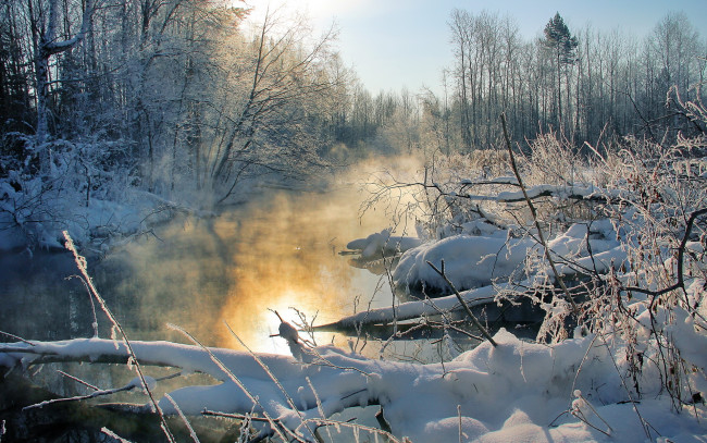 Обои картинки фото природа, зима, закат, река, туман, деревья