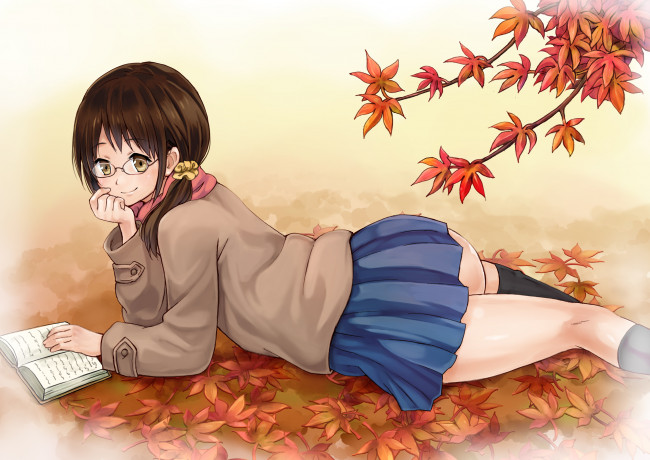 Обои картинки фото аниме, *unknown, другое, осень, книга, очки, листья
