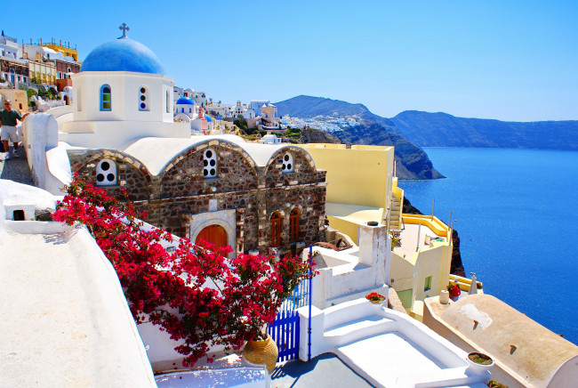 Обои картинки фото oia, santorini, greece, города, санторини, греция, море, побережье, пейзаж, церковь