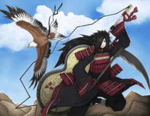 Картинка аниме naruto доспехи коса оружие мадара учиха птица