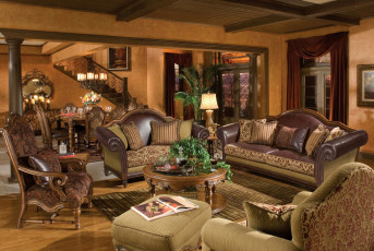 Картинка интерьер гостиная стол кресла лестница цветы диван