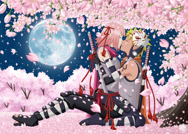 Обои картинки фото аниме, naruto, цветение, сакуры, сакура, наруто, лепестки, романтика