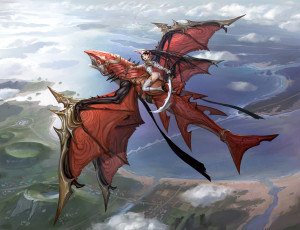 Картинка аниме животные +существа полет высота дракон арт девушка меч