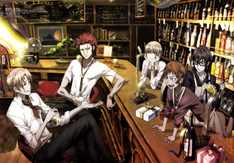 обоя аниме, k project, mikoto, suoh, saruhiko, fushimi, misaki, yata, kusanagi, izumo, totsuka, tatara, мужчина, бар, полки, алкоголь, бутылки, подарки, стойка, стакан, бармен