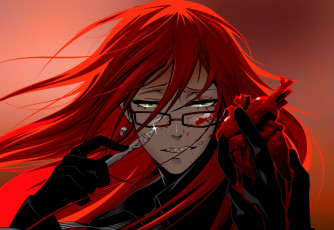 Картинка аниме kuroshitsuji grell sutcliff тёмный дворецкий арт katrin-vates скальпель сердце кровь очки красные волосы парень