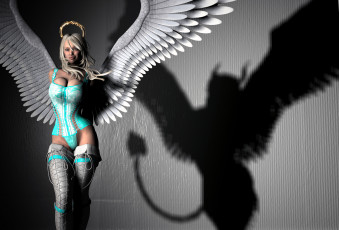 Картинка 3д+графика ангел+ angel тень улыбка ангел девушка взгляд фон