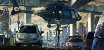 Картинка аниме vocaloid провода здания дома облака небо винтовка мост девушка оружие пыль улицы город hatsune miku машина техника вертолет ylpylf