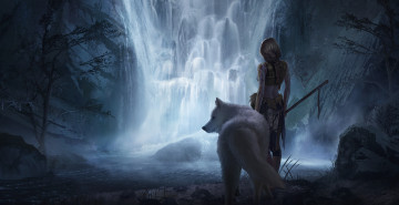 обоя фэнтези, красавицы и чудовища, водопад, белый, волк, животное, девушка, арт, фантастика