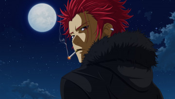 Картинка аниме k+project ночь mikoto suoh flowerinhell луна облака небо звезды мужчина куртка сигарета дым уголек пирсинг серьга капюшон