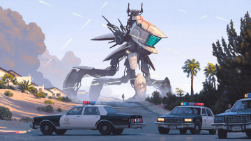 Картинка фэнтези роботы +киборги +механизмы полиция робот коттеджи обстрел фантастика арт художник саймон стэленхаг