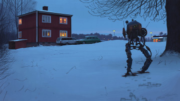 Картинка фэнтези роботы +киборги +механизмы робот механоид будущее вечер снег зима автомобили дом