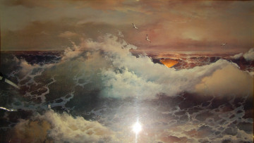 Картинка рисованное живопись картина небо море тучи шторм волны птицы чайки