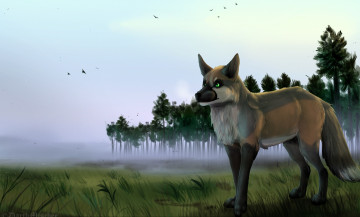Картинка рисованное животные +собаки лес поле собака взгляд небо птицы