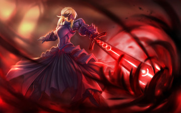 Картинка аниме fate stay+night saber dark hanshu девушка воин меч доспехи забрало оружие
