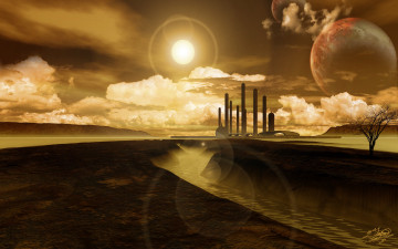 Картинка фэнтези иные+миры +иные+времена башни облака солнце планета река канал