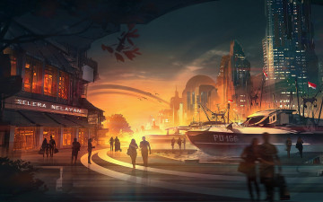 Картинка фэнтези иные+миры +иные+времена небоскребы прохожие яхта лодка пристань город мегаполис вода закат